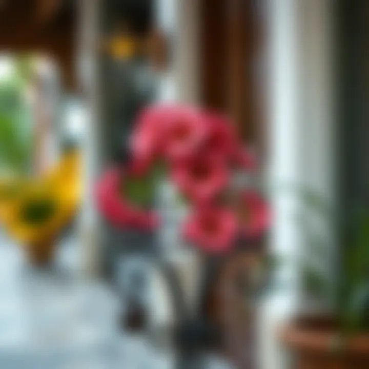 Close-up of a decorative wrought iron flower stand with blooming flowers