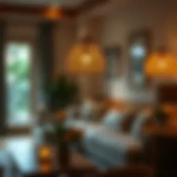 Elegant flower basket lamps illuminating a cozy living room