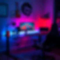 Stylish gaming desk setup with RGB lighting