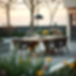 Elegant outdoor dining setup with a wooden table and comfortable chairs