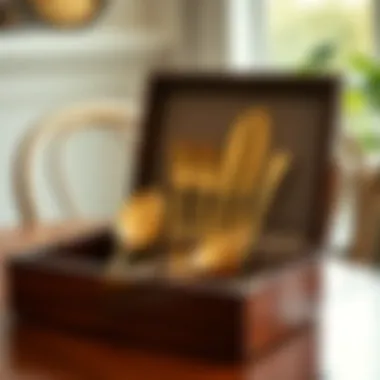 Storage of Gold Cutlery Luxurious gold cutlery set in a polished wooden box
