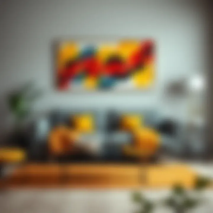 Contemporary Setup Featuring Gray Mustard Sofa and Art Contemporary setup with gray mustard sofa and vibrant artwork