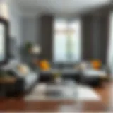 Modern living room featuring a gray mustard sofa