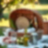 Elegant wicker picnic basket set up for an outdoor gathering