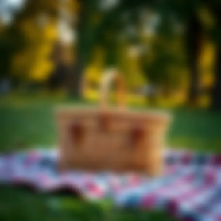 Stylish wicker picnic basket on a checkered blanket in a park