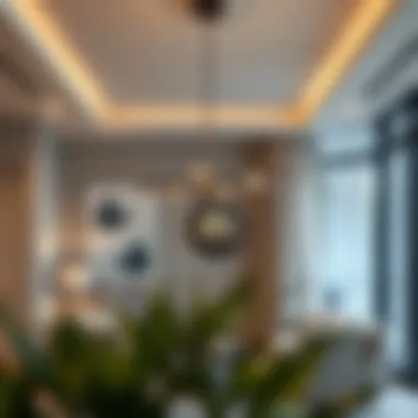 Modern interior featuring a dual pendant chandelier as the centerpiece