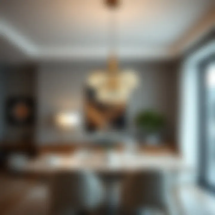 A stylish dining area enhanced by a chic dual pendant chandelier