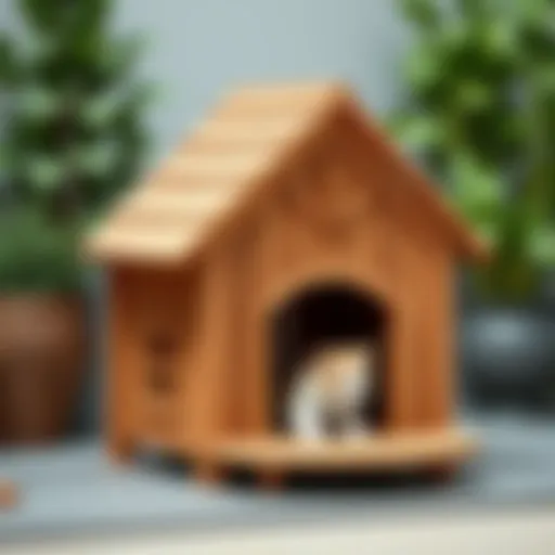 A beautifully crafted wooden cat house showcasing unique design elements