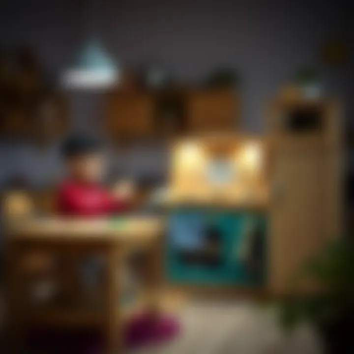 Children engaging in imaginative play with a wooden kitchen