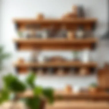 Elegant wooden kitchen shelves displaying herbs and spices