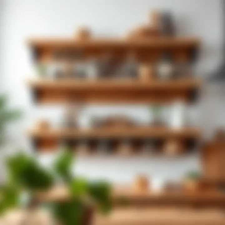 Elegant wooden kitchen shelves displaying herbs and spices