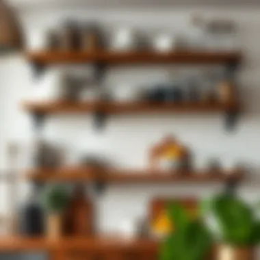 Industrial-style shelves with stacked dishes and glassware