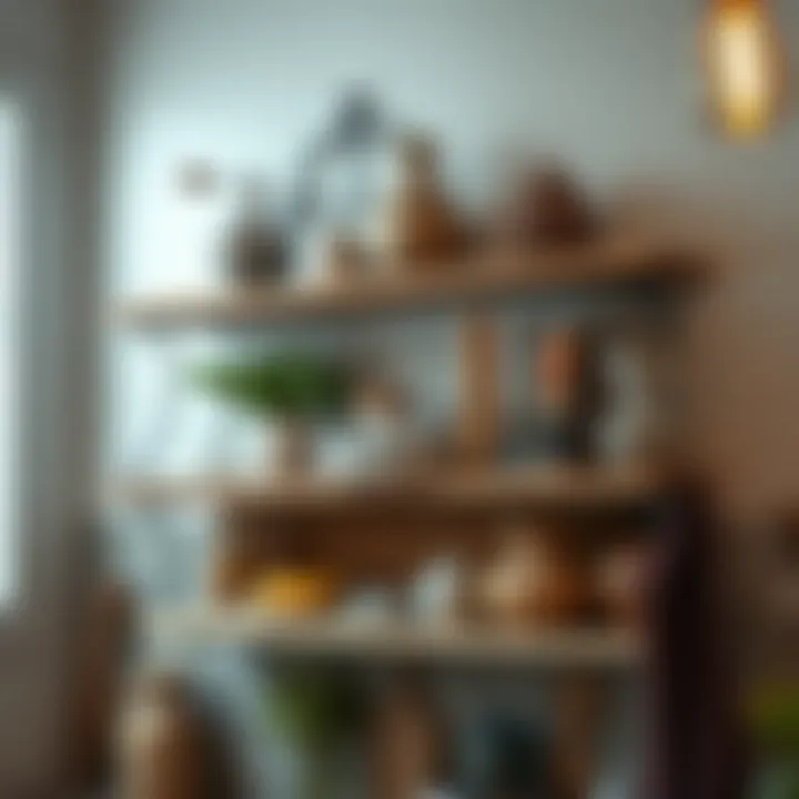 Rustic kitchen shelf with decorative elements and cookbooks