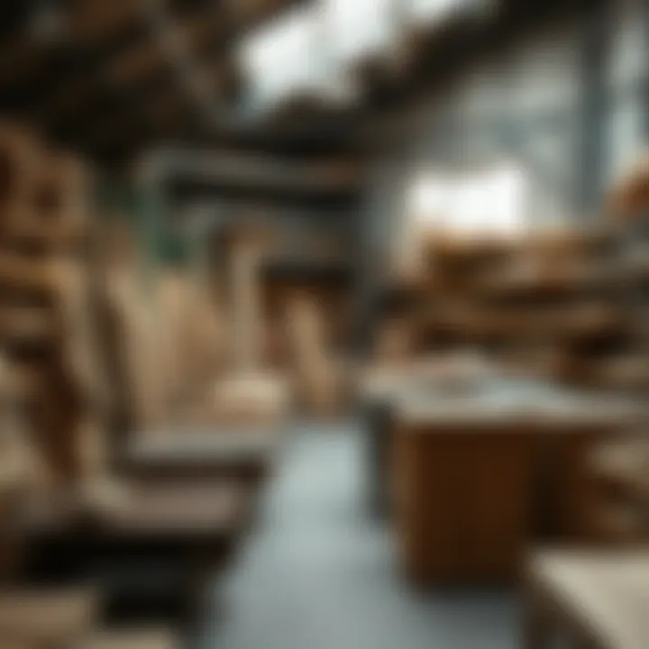 A well-organized workshop displaying various wood types