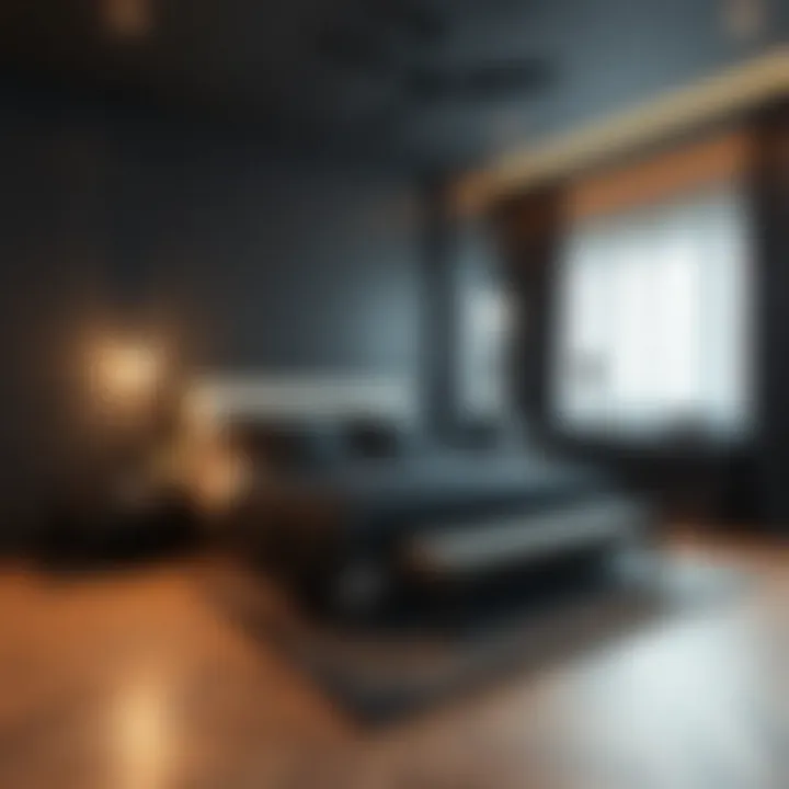 Chic bedroom design with dark gray anthracite color scheme