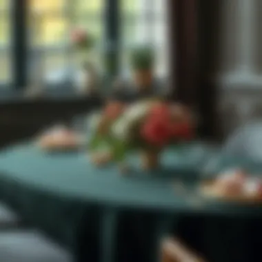 Dark green tablecloth with floral centerpiece