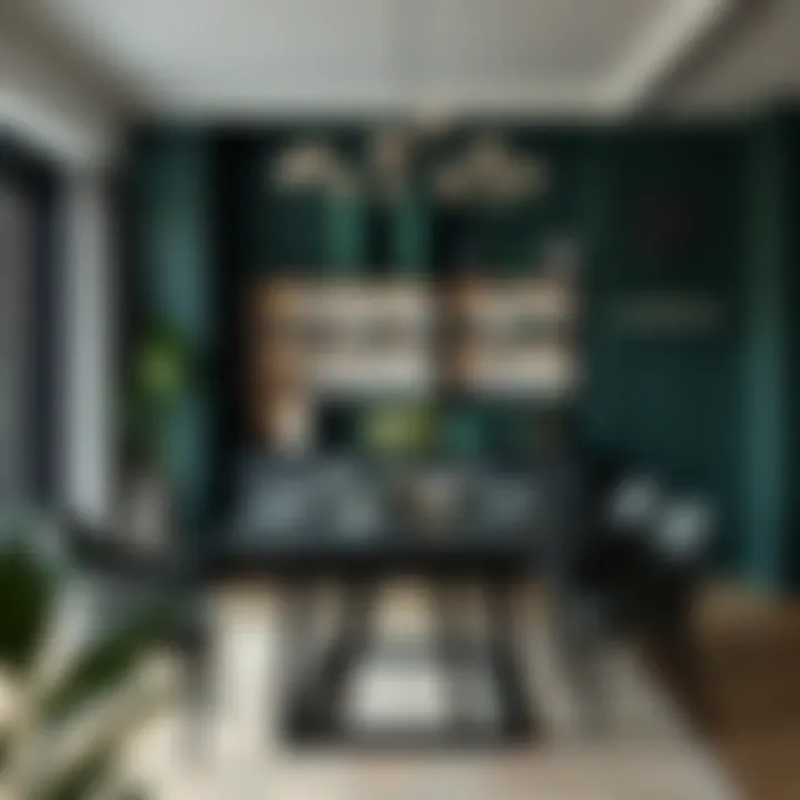 Stylish dining area featuring dark green table decor
