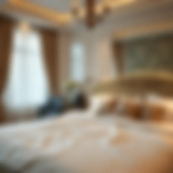 Luxurious bedroom setting with a fitted sheet in soft tones