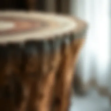 Close-up of a log side table, highlighting its unique texture