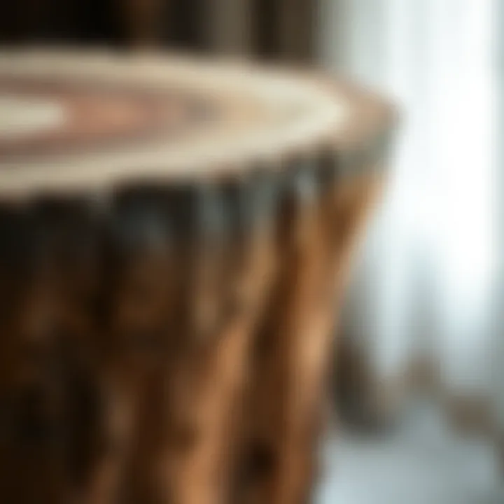 Close-up of a log side table, highlighting its unique texture