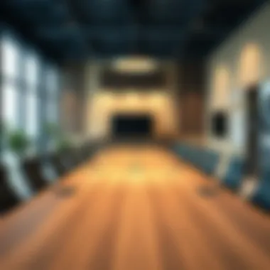 A stylish large conference table setup in a modern office environment