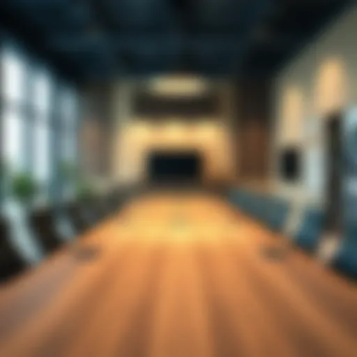 A stylish large conference table setup in a modern office environment