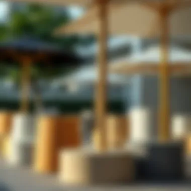 Various materials used for large umbrella bases displayed together