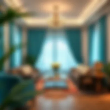 A beautifully decorated living room featuring turquoise curtains
