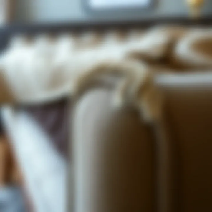 Detail view of a luxurious fabric bed frame