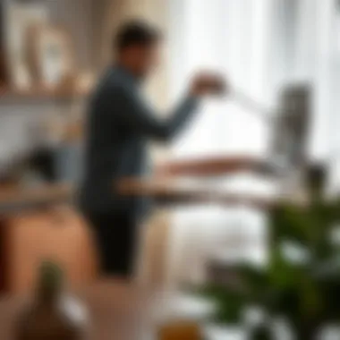 User adjusting height of a desk lift