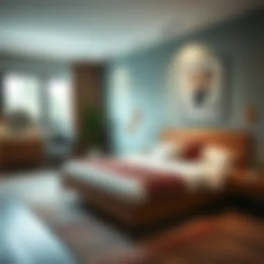 Stylish bedroom featuring a solid wood bed with modern decor