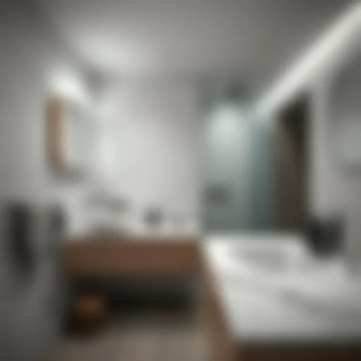 Modern bathroom setup featuring marble countertops and fixtures