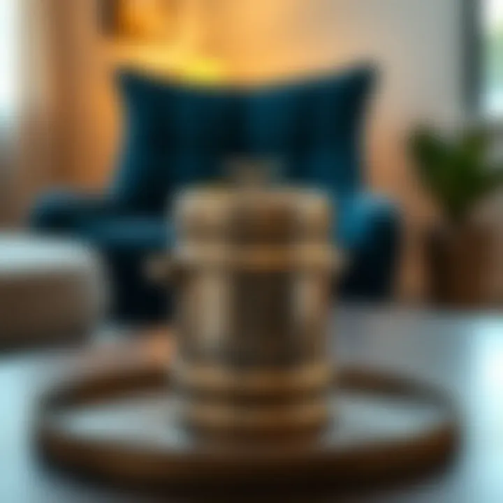 Stylish metal coffee canister in modern decor setting