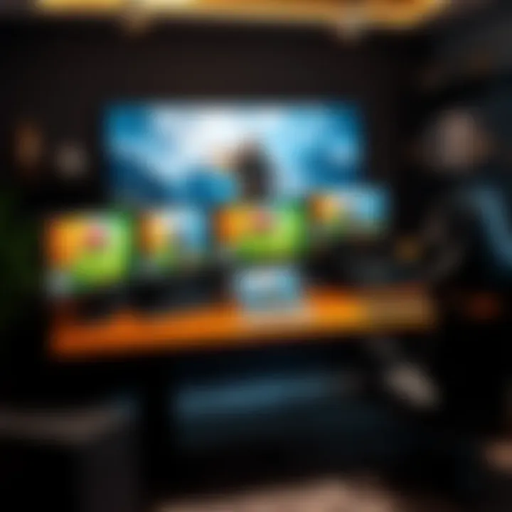 Multi-Monitor Setup for Enhanced Gaming Experience Gaming desk featuring multiple monitors and accessories