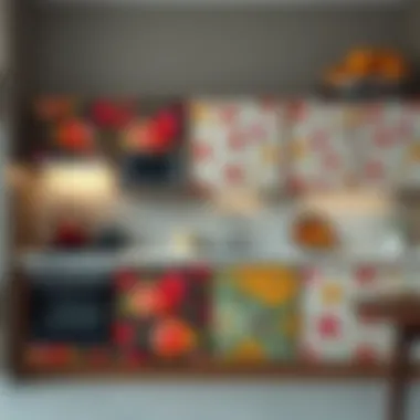 Stylish arrangement of decorative kitchen cabinet covers in vibrant patterns
