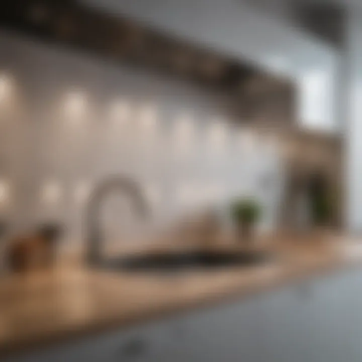 Close-up of LED lights illuminating kitchen shelves