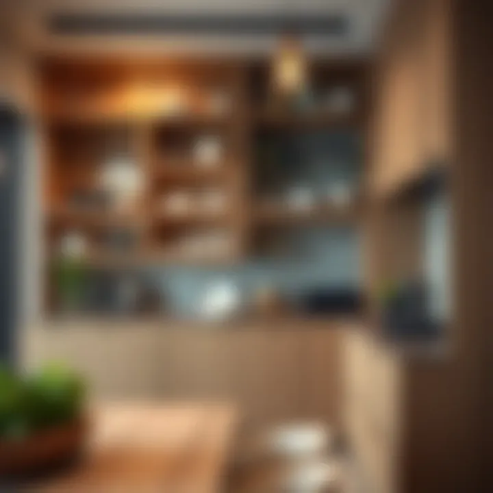 Stylish open shelves integrated into kitchen cabinetry