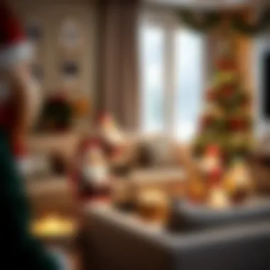 A cozy living room adorned with various Santa Claus figurines, creating a warm holiday atmosphere.