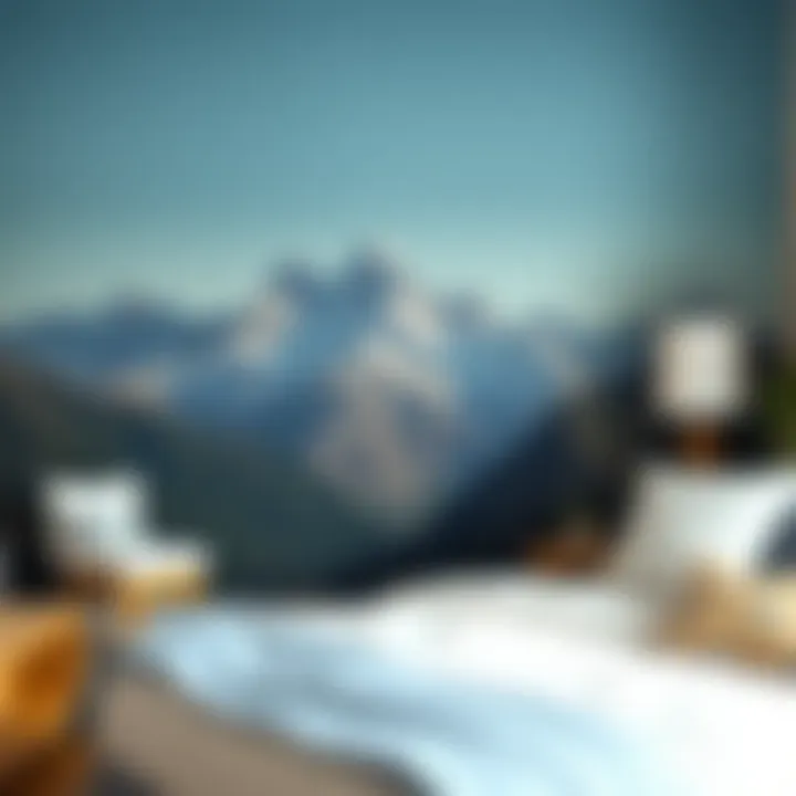 Majestic Mountains Under Clear Skies An intricate oil painting depicting a majestic mountain range under a clear blue sky.