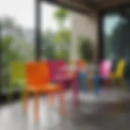 Colorful plastic chairs arranged in a modern outdoor setting