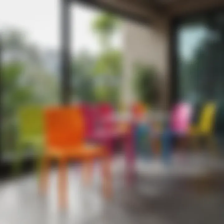 Colorful plastic chairs arranged in a modern outdoor setting