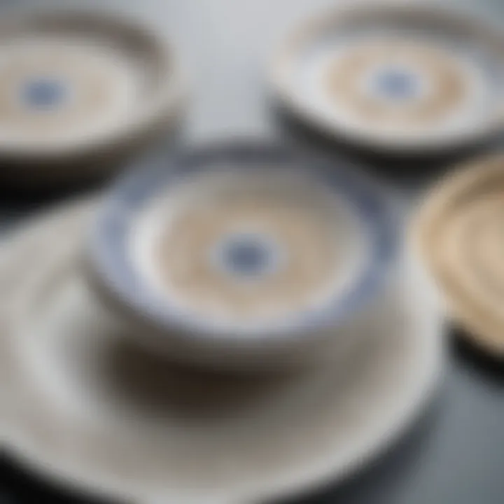 Detailed close-up of intricate designs on porcelain cake plates