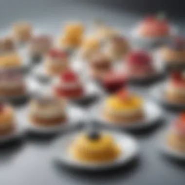 Showcasing variety of desserts on porcelain cake plates