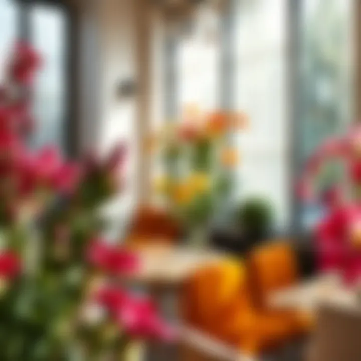 Vibrant flowers enhancing a cozy lounge atmosphere