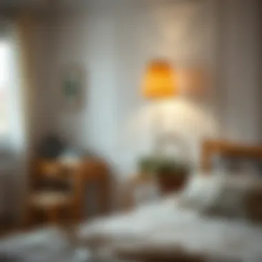 A serene bedroom setting with a flower basket lamp enhancing the atmosphere