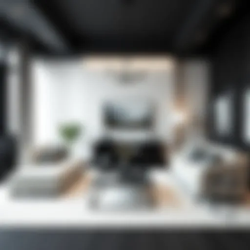 A sophisticated black and white living room showcasing modern furniture.