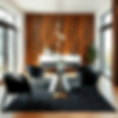 Stylish black patterned rug complementing a contemporary dining area