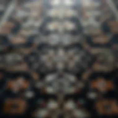 Close-up of intricate patterns on a black rug showcasing craftsmanship