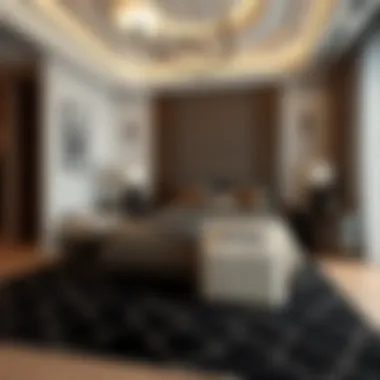Elegant black patterned rug in a luxurious bedroom setting
