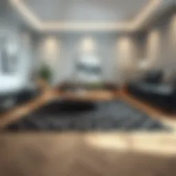 A beautifully designed black patterned rug enhancing a modern living room